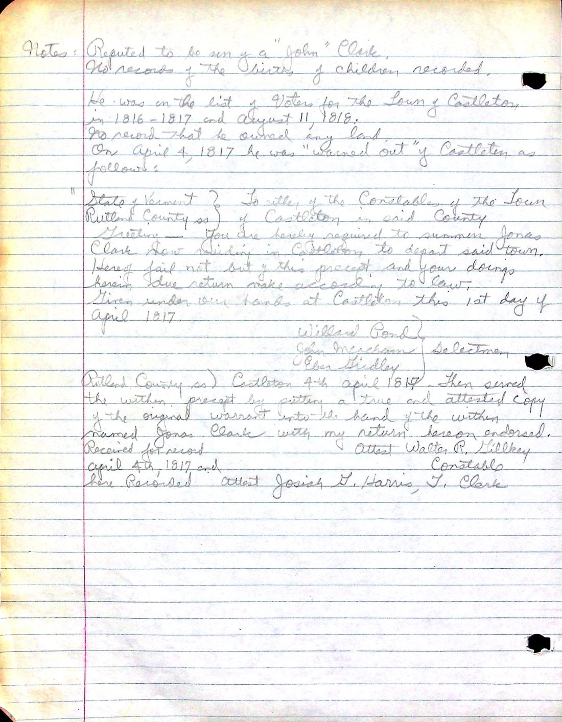 CLARK, Jonas (b. 1770 Mass.) 2 summons to leave Castleton